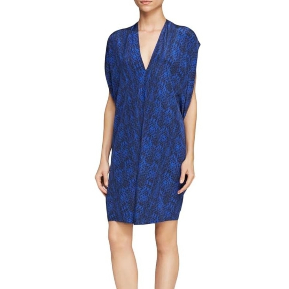 Vince Double V-Neck Silk Cobalt Blue Coastal Combo Print Dress Women's Size XXS